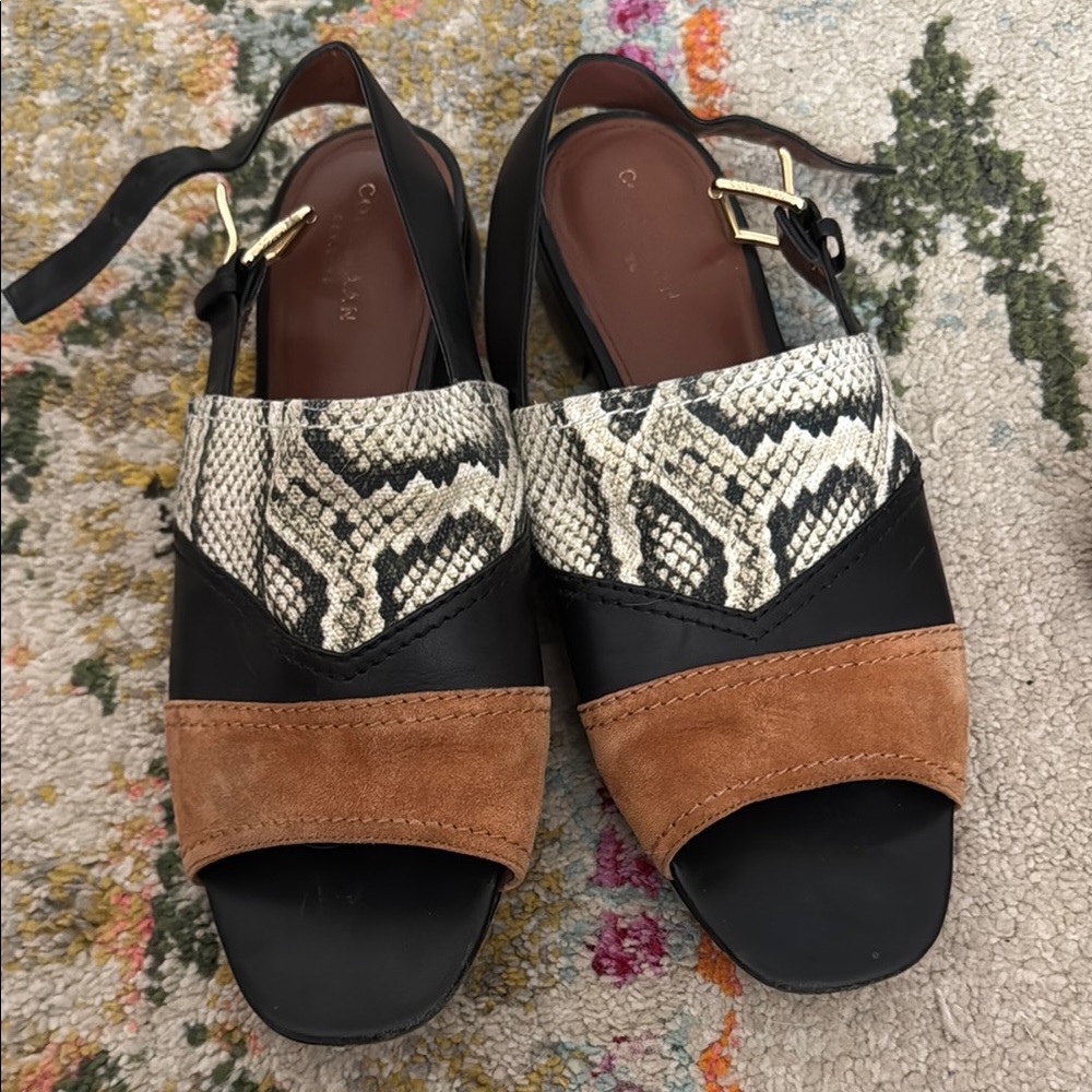 Cole Haan Black and Brown Sandals with Snakeskin Accent
